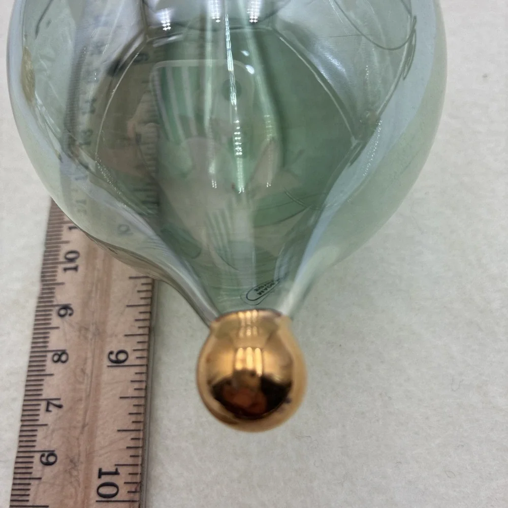 Vintage Egyptian Hand Blown Glass Ornament Green Etched Floral Gold Trim 9.75